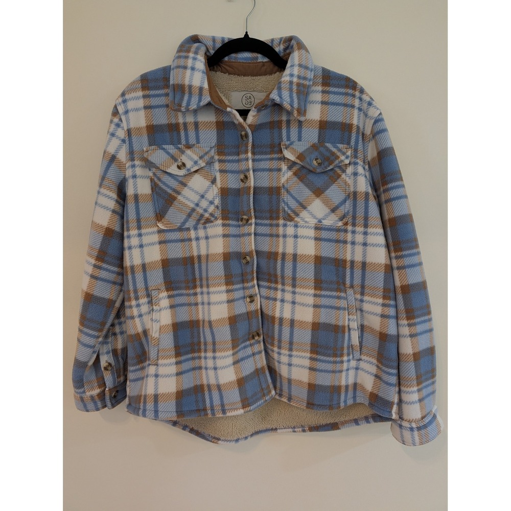 Sage Collective Fleece Shacket Womens L Sherpa Lined Blue Brown Plaid Jacket New